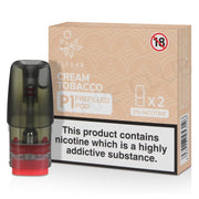 Packaging box of Cream Tobacco ELF Bar Mate P1 Prefilled Pod with one visible pod outside the box, displaying the flavor and nicotine content.